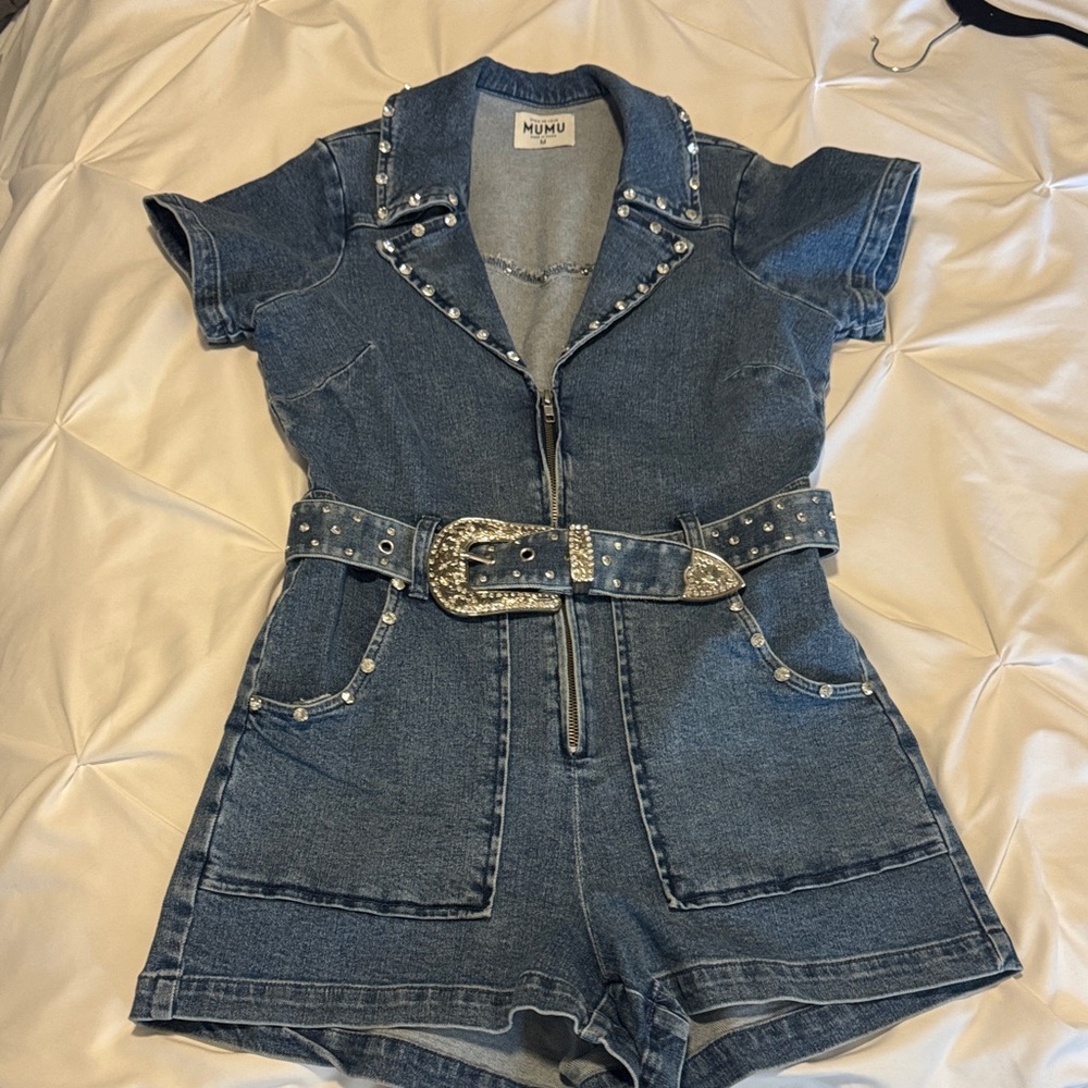 Show me your Mumu Denim Studded Romper with Belt- Size M